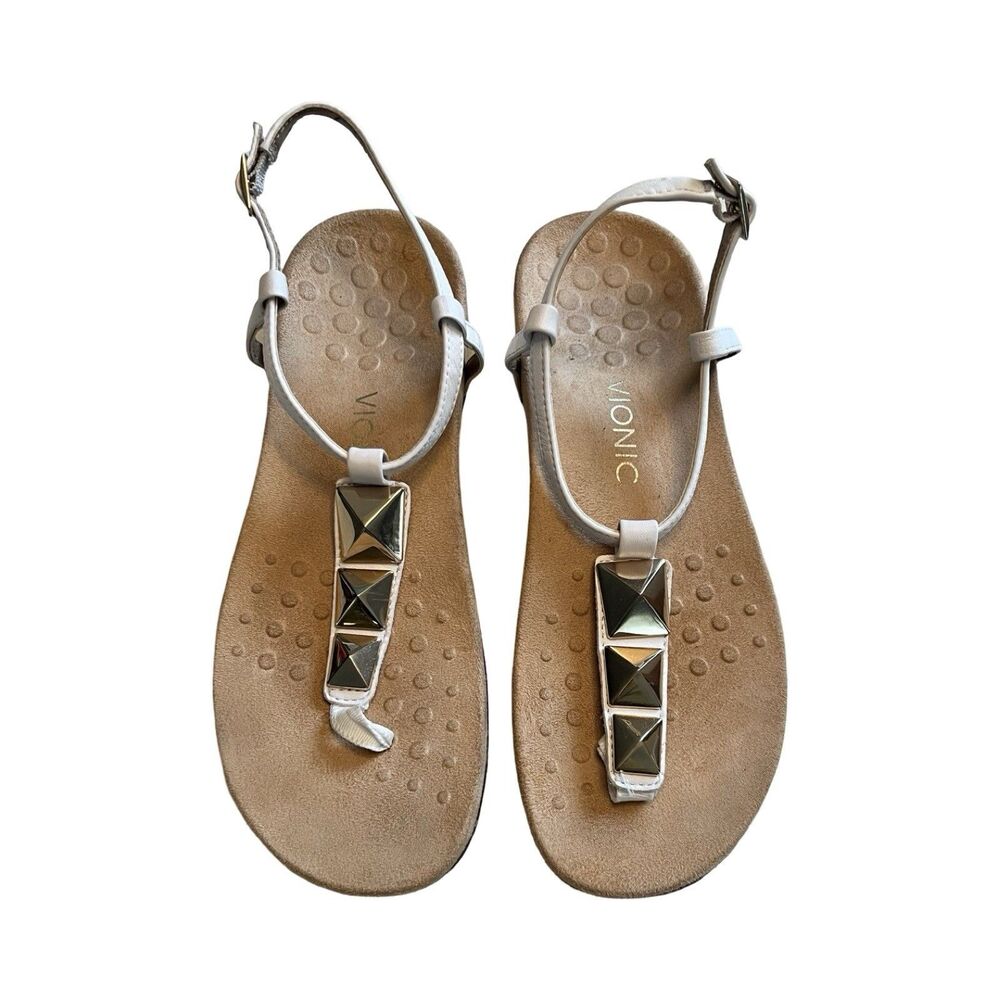 Vionic White Leather Studded T-Strap Slingback Orthotic Sandals‎ Womens 9